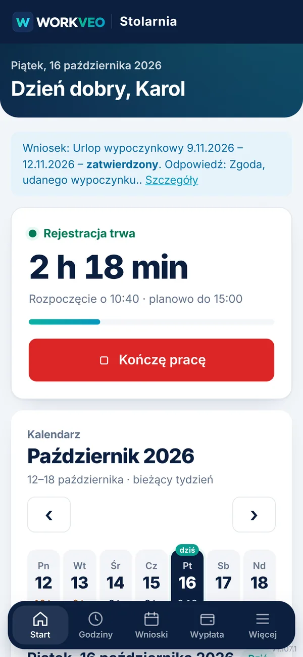 Telefon pracownika w WORKVEO: rejestracja czasu pracy trwa 2 godziny 18 minut, przycisk Kończę pracę
